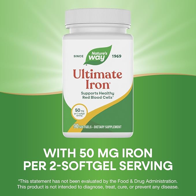 Nature’s Way Ultimate Iron, Supports Healthy Red Blood Cells,* Supports Cellular Energy Production*, 50 mg per 2-Softgel Serving, Gluten-Free, 90 Softgels (Packaging May Vary)