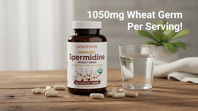 Organic Spermidine Capsules | Organic Wheat Germ Extract | Promotes Cell Renewal, Better Aging | Thiamine, Zinc, Manganese | 1050mg Per Serving | USDA Organic, Vegan, Non-GMO | 120 Capsules