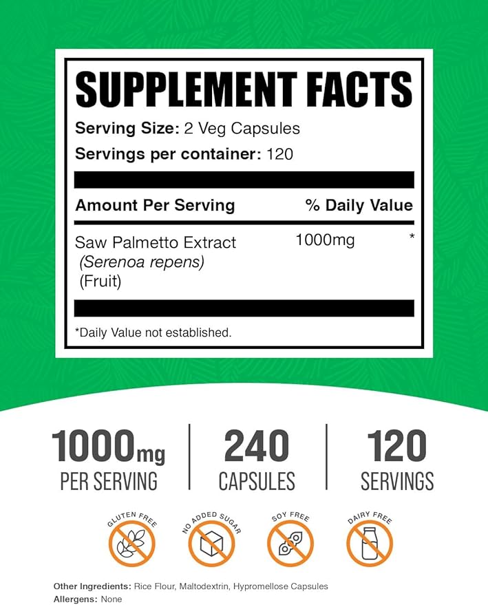 BulkSupplements.com Saw Palmetto Extract Capsules - Serenoa Repens, Saw Palmetto Supplement - Gluten Free, 2 Capsules per Serving, Count (Pack of 1)