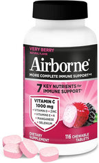 Airborne 1000mg Vitamin C + Zinc Immune Support Supplement Chewable Tablets Powerful Antioxidants Vitamins A C & E, 116 Chewable Tablets, Very Berry Flavor (2 Pack)