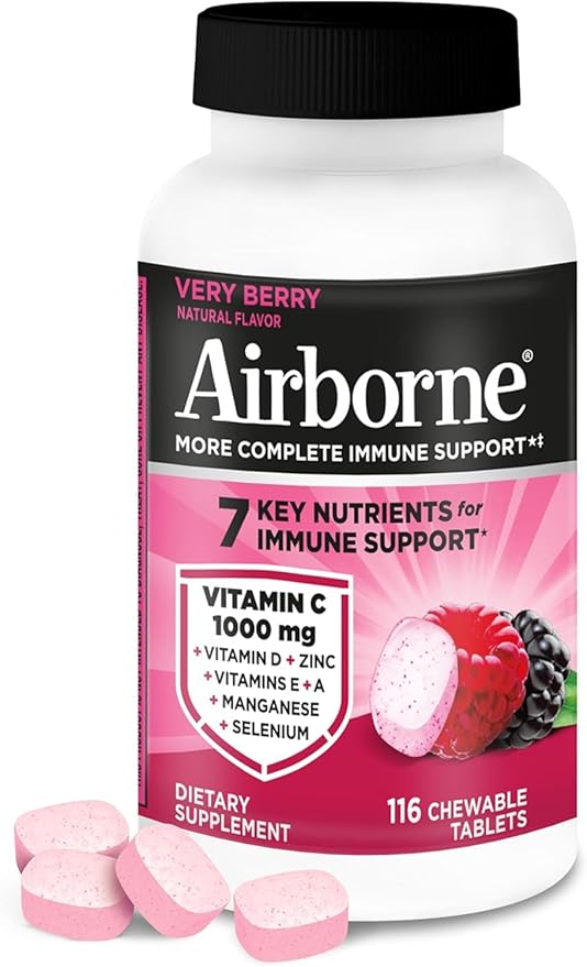 Airborne 1000mg Vitamin C + Zinc Immune Support Supplement Chewable Tablets Powerful Antioxidants Vitamins A C & E, 116 Chewable Tablets, Very Berry Flavor (2 Pack)