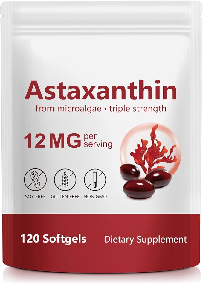 Astaxanthin Supplements 12mg, Premium Astaxanthin Antioxidant Supplements, Support Eye, Brain, Joint, Skin Health, 4 Month Supply, 120 Softgels, Easy to Swallow, Non-GMO
