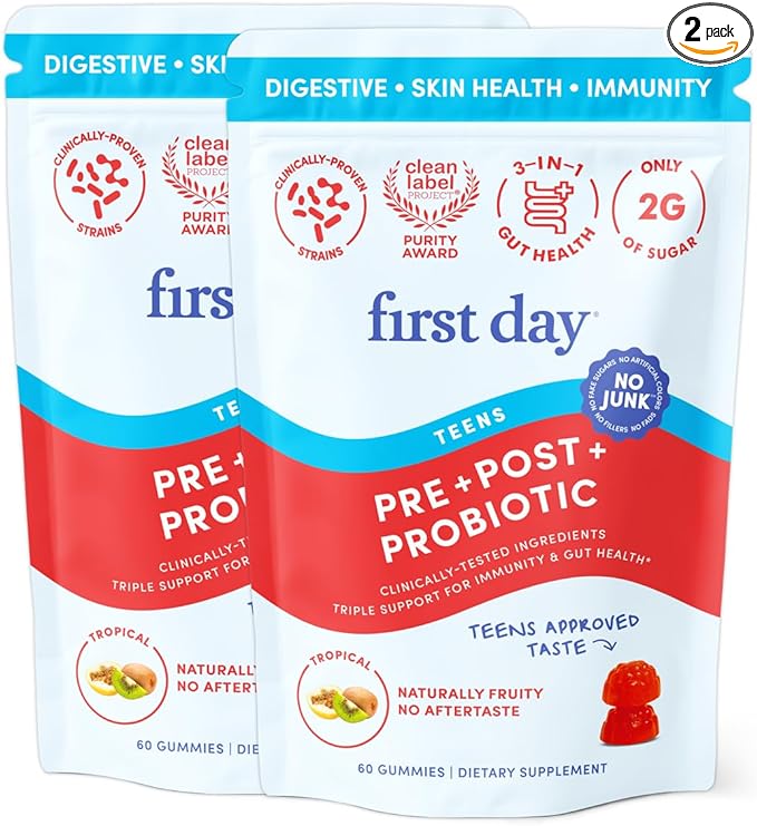 FIRST DAY Teens’ Gut Sustainer Tribiotic Gummies – 3-in-1 Prebiotic, Probiotic & Postbiotic Supplement – Supports Digestive, Skin, Oral & Immune Health, Nutrient Absorption & Growth – 60-Day Supply