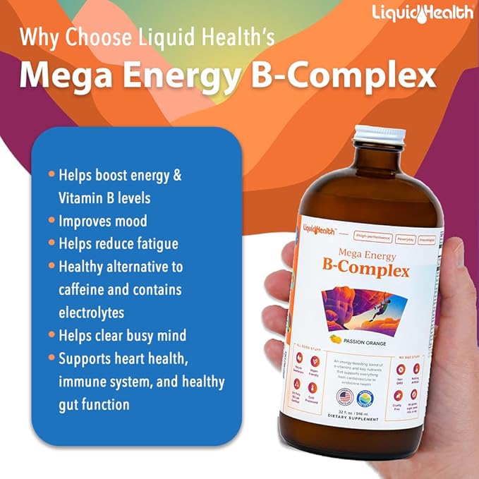 LIQUIDHEALTH 32 Oz Vitamin B Complex Liquid Multivitamin for Women & Men, Super B Complex, Mega B Vitamins Energy Supplement with B1, B2, B3, B5, B6, Methyl B12 Liquid, Folate & Biotin - Made in USA