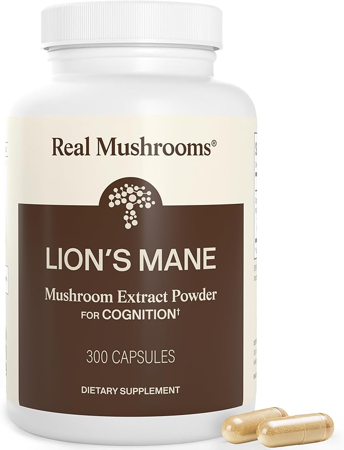 Real Mushrooms Lion’s Mane Supplement Capsules - Organic Lions Mane Extract for Overall Wellbeing - Beta Glucan Supplements – Vegan 300 ct Mushroom Extract