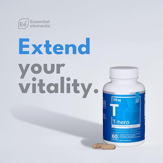Essential Elements T-Hero - Daily Testosterone Support for Men - Promotes Vitality & Drive - with Ashwagandha, Shilajit, Boron, DIM - 60 Count - 30 Servings (2-Pack)