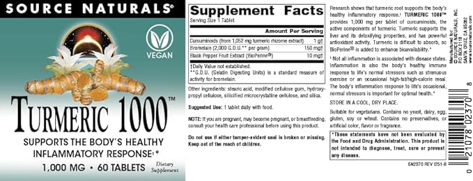 Source Naturals Turmeric 1000, Supports The Body’s Healthy Inflammatory Response*, 1,000mg - 60 Tablets
