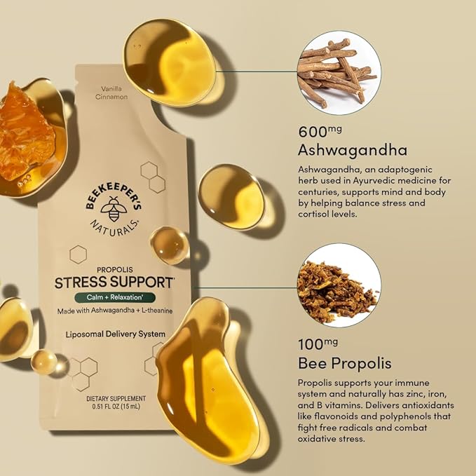 Ashwagandha Liposomal Stress Support by Beekeeper's Naturals, 600mg with Propolis, L-Theanine, Anti-Stress Support for Calm & Relaxation, 30ct