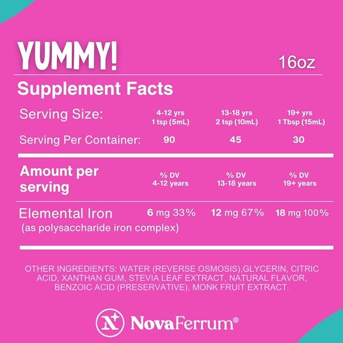 NovaFerrum Yummy 16 Fl Oz | Liquid Iron Supplement for Ages 4 & Up | 18mg of Iron/Tbsp | Gluten Free | Sugar-Free | Raspberry Grape