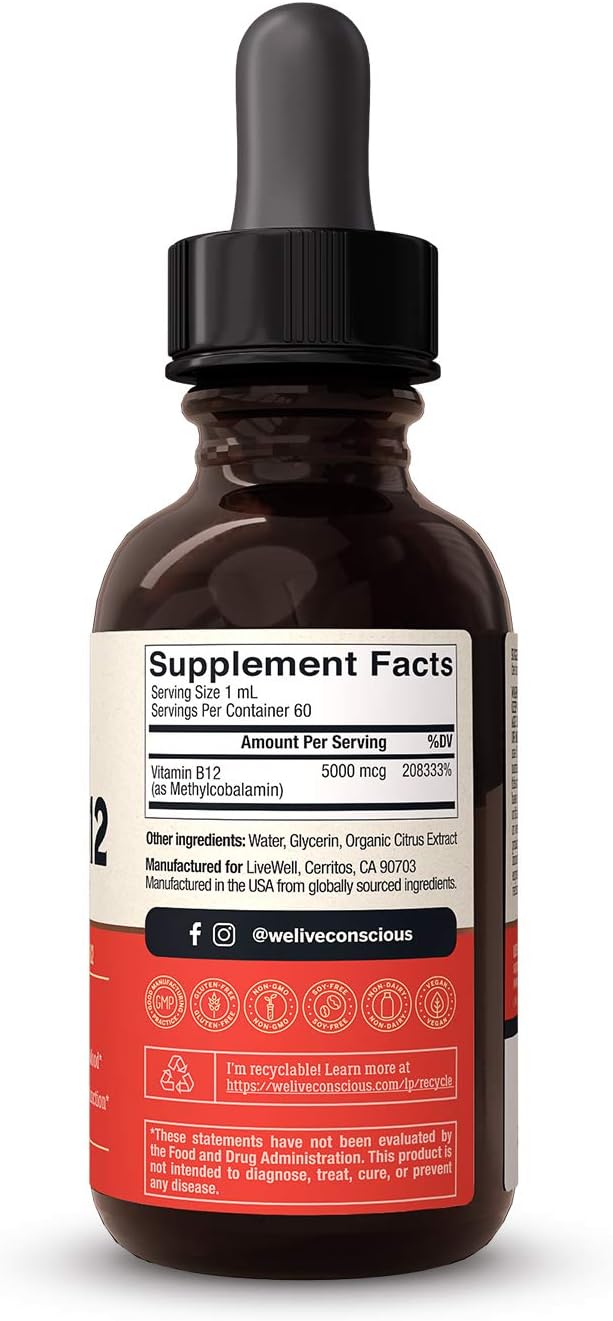 Live Conscious Vegan Vitamin B12 Sublingual Liquid Drops | Methylcobalamin Max Strength B12 5000mcg Formula | Vegan B 12 Vitamin Support Energy | Promote Memory & Aid Immune System | 60 Serving