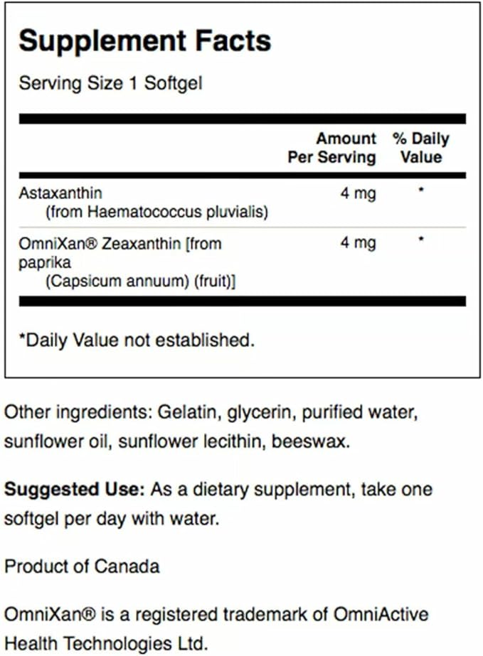 Swanson Astaxanthin & Zeaxanthin Eye Health Supplement for Screen-Heavy Professionals with 4 mg Astaxanthin & 4 mg OmniXan Zeaxanthin (60 Softgels, 2 Pack)