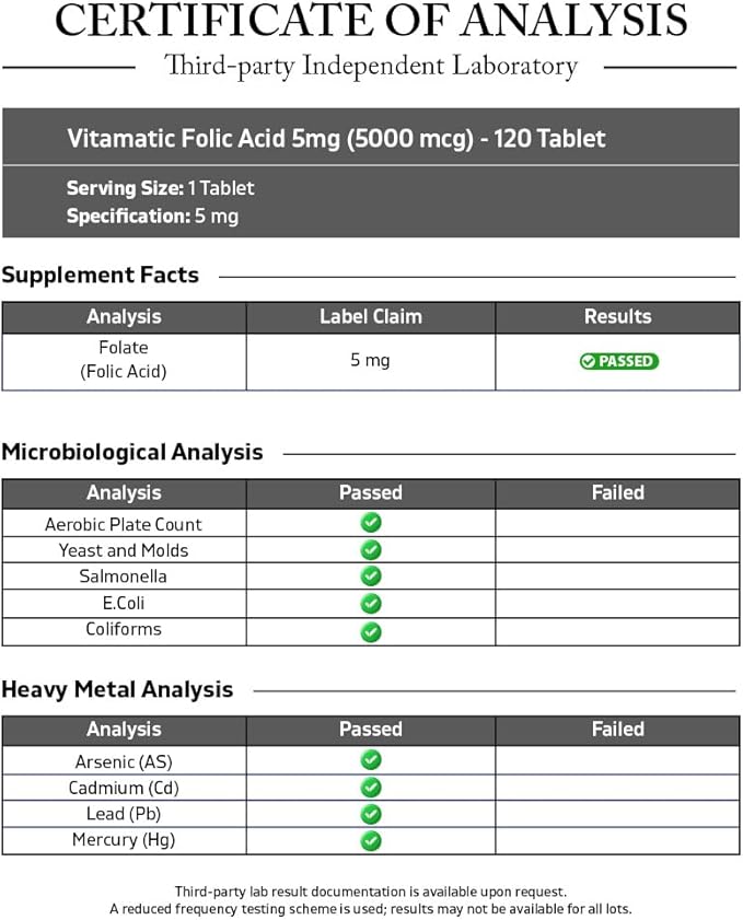Vitamatic Folic Acid 5mg (5000 mcg) – 120 Vegetarian Tablets per Bottle – Vitamin B9 (Folate) – 3-Pack | Total 360 Tablets