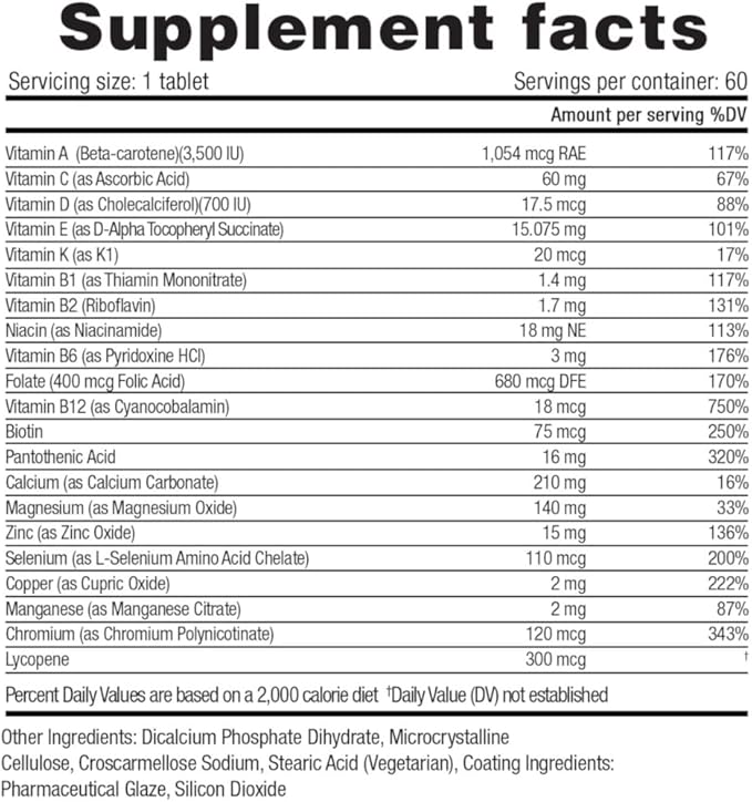 herbolab Multivitamin Once Daily, Max Strength Vitamins A, C, D, E, K, B1, B2, B6, B12, Niacin, Calcium, Magnesium, Zinc, Selenium, Copper, Manganese, Chromium with Lycopene, 60 Count 2 Mo Supply