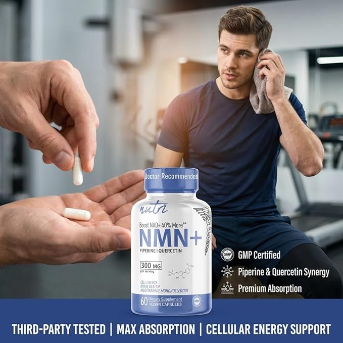Nutri NMN Supplement 300mg NAD Supplement - Ultra High Absorption Stabilized NMN Nicotinamide Mononucleotide, 40% More NAD+ with Quercetin Phytosome & Black Pepper - mnm Supplement (60 Capsules)