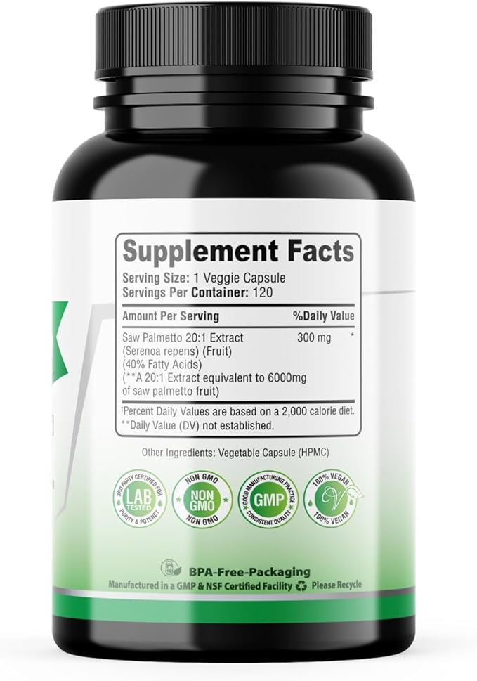 Saw Palmetto Extra Strength 20:1 Extract, 40% Fatty Acids, 120 Vegan Capsules, 4 Month Supply, Concentrated and Standardized 20X Extract, Non-GMO, All-Natural, Made in the USA