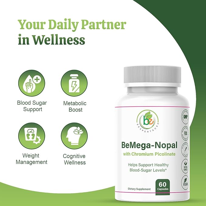 BMega Nopal with Chromium Picolinate - Supports Metabolism & Nutrient Balance - Natural Plant-Based Supplement Helps Support Healthy Blood Sugar Levels & Wellness - 60 Capsules