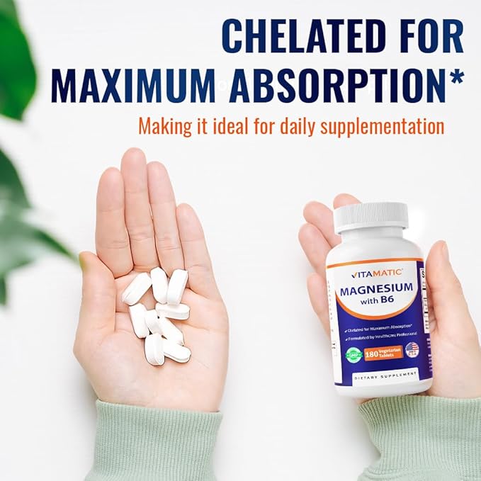 Vitamatic Magnesium with B6-180 Vegetarian Tablets (Uncoated) - Added B6 for Maximum Absorption - Supports Muscle, Joint, and Heart Health - 2 Pack