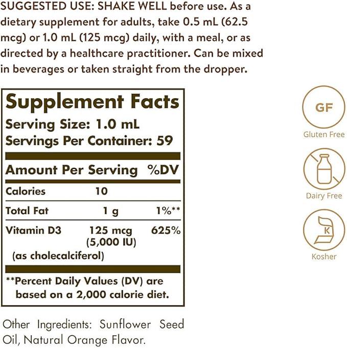 Solgar Liquid Vitamin D3 125 mcg (5,000 IU), 2 fl oz - Delicious, Natural Orange Flavor - Helps Maintain Healthy Bones & Teeth - Immune System Support - Gluten Free, Dairy Free, Kosher - 59 Servings