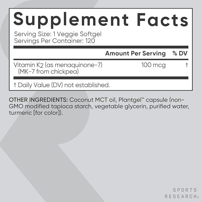 Sports Research Vitamin K2 as MK-7 100mcg with Coconut MCT Oil - 120 Veggie Softgels (4 Month Supply) Vegan Certified, Non-GMO Verified, Gluten & Soy Free