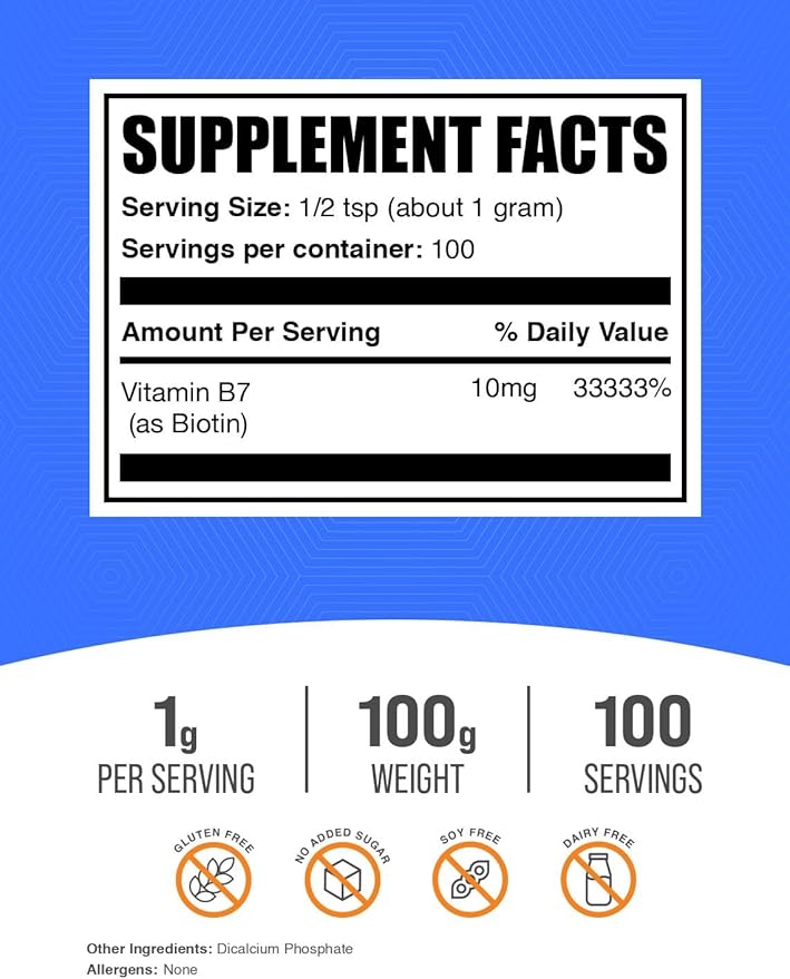 BulkSupplements.com Biotin 10000mcg Powder - Vitamin B7, Vitamins for Hair, Skin, and Nails - Gluten Free, 1g per Serving (10mg Biotin), 100g (3.5 oz) (Pack of 1)