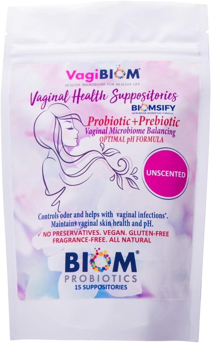 Biom Vaginal Probiotic Suppository: Natural Vaginal pH and Odor Control Regimen; Balance and Nourishes Vaginal Lactobacillus Flora ; No Parabens, Fragrance-Free (15)