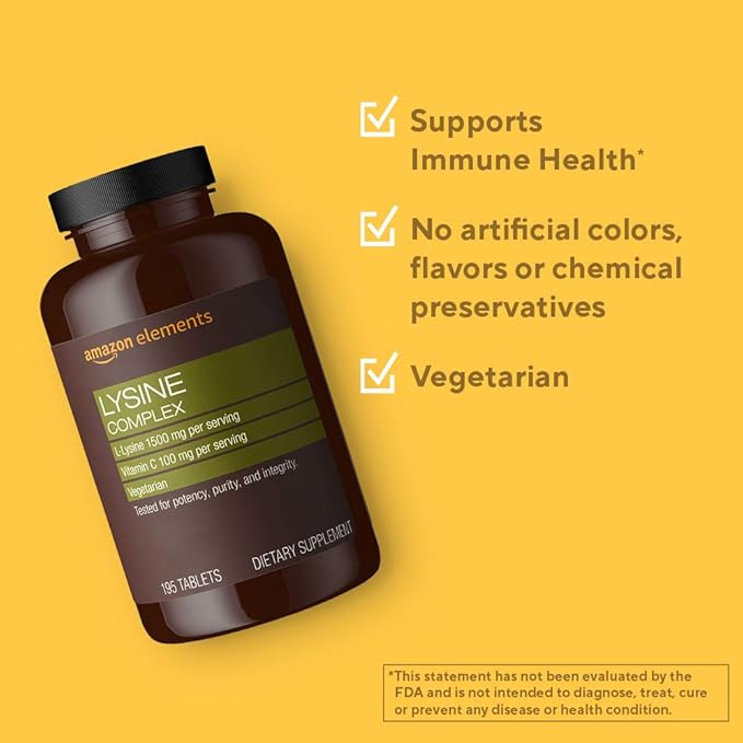 Amazon Elements Lysine Complex, with Vitamin C, Vegetarian, Immune Support, 195 Tablets (Packaging May Vary) (Pack of 2)