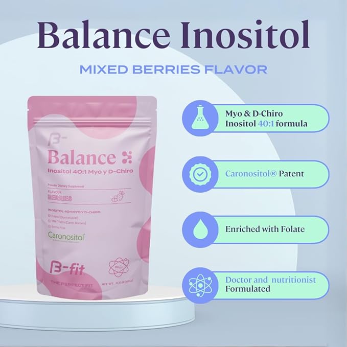 B-FIT B Inositol Balance - Inositol 40:1 Myo & D-Chiro - Supports Hormone Balance and Ovarian Health - Powdered Food Supplement - Berry Flavor - Folic Acid - 150g