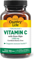 Country Life Vitamin C 1000mg with Rose Hips – Time Release Immune Support Supplement – Antioxidant Protection – Vegan, Gluten-Free, Preservative-Free – 90 Tablets