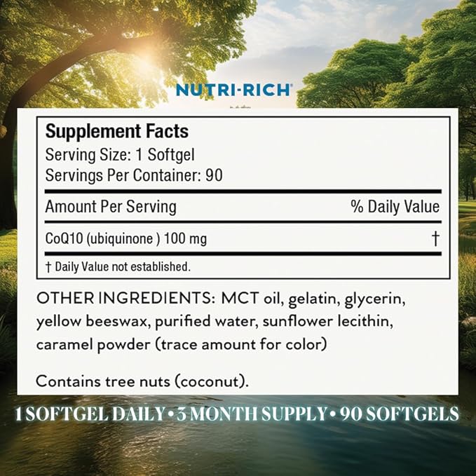 Nutri-Rich CoQ10 Softgels, Coenzyme Q10 Ubiquinone for Heart & Energy, Statin Usage & Cellular Health, Third Party Tested, GMP Quality, No Artificial Additives, No Soy, Gluten Free, 90 Count