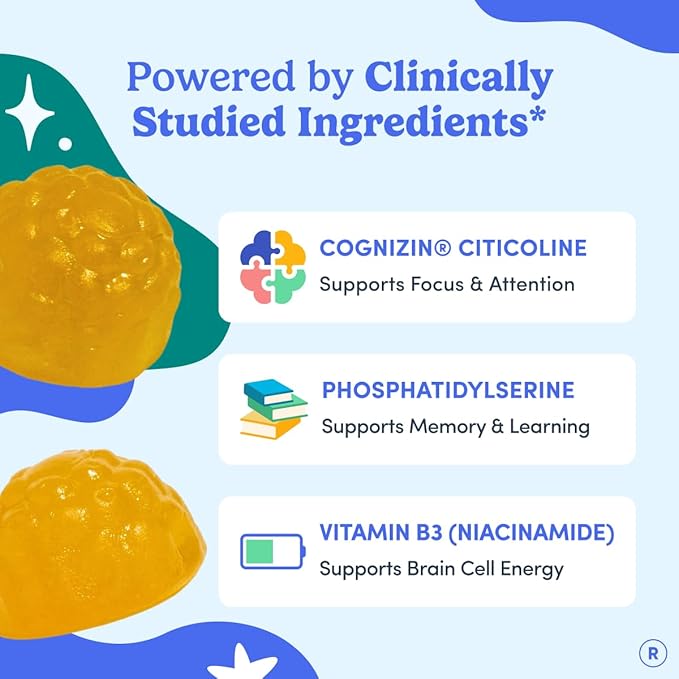 FIRST DAY Teen Brain & Focus Supplement Gummies Ages 13–18 | Study & Concentration Support with Cognizin® Citicoline & Phosphatidylserine | Vegan, Non-GMO, Caffeine-Free | 30-Day Supply
