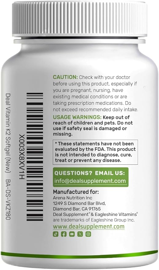 DEAL SUPPLEMENT Vitamin K2 Supplement 600mcg, 180 Coconut Oil Softgels | Full Spectrum High Absorption MK-7 & MK-4 Forms | Bone, Joint, & Immune Support – Non-GMO