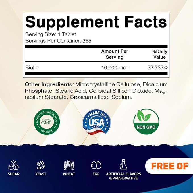 Vitamatic Biotin 10,000 mcg (10 mg) for Stronger Hair, Skin & Nails - 365 Vegan Tablets- Also Called Vitamin B7-4 Pack