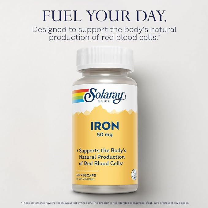 SOLARAY Iron Capsules 50mg - Iron Supplement for Women and Men w/Parsley and Yellow Dock Root, Supports Body's Natural Production of Red Blood Cells, 60-Day Guarantee, 60 Servings