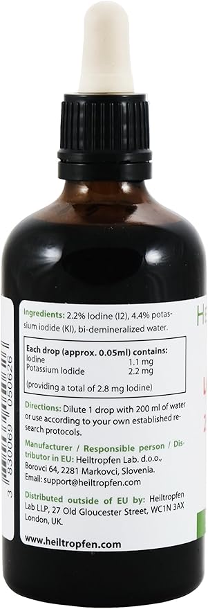 2.2% Lugol's Iodine Solution 3.4 Fl Oz | Pharmaceutical Grade Ingredients | Lugols Solution Made with Iodine and Potassium Iodide | Third-Party Tested | Heiltropfen®