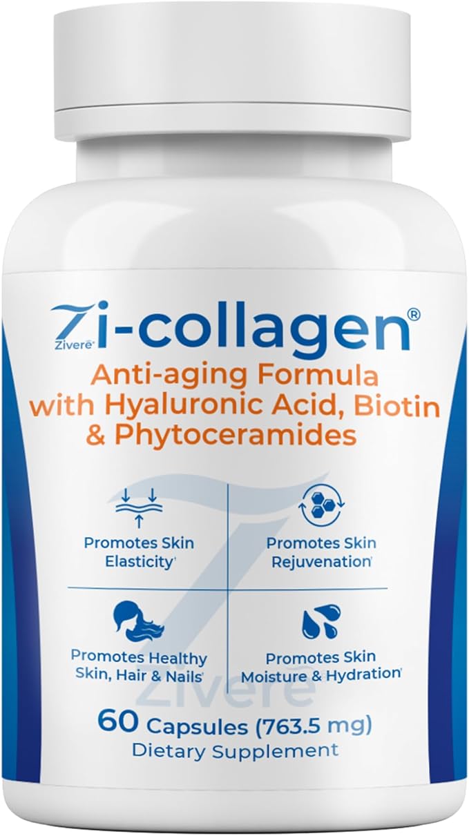 Zi-Collagen Marine Collagen Capsules for Skin, Hair & Nails – Collagen Supplement with Phytoceramides, Hyaluronic Acid, Biotin & Vitamins A C D3 E – 60 Capsules
