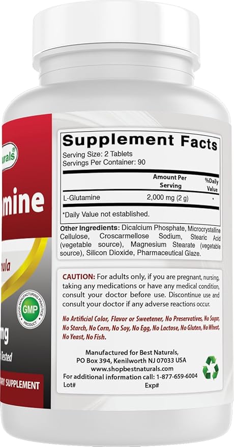Best Naturals L-Glutamine 1000 mg 180 Tablets (180 Count (Pack of 2))