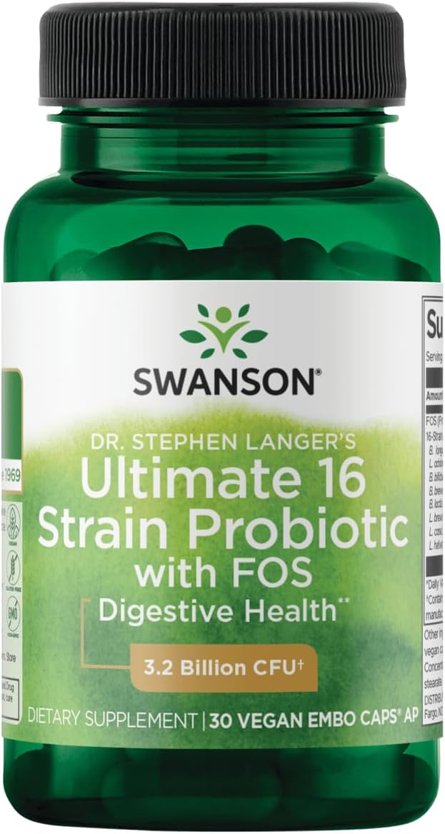 Swanson Dr. Stephen Langer's 16-Strain Probiotic with Prebiotic FOS for Gut-Health-Conscious Adults with 3.2 Billion CFU (60 Vegan Capsules, 4 Pack)