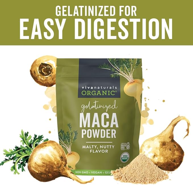 Viva Naturals Organic Maca Powder, Gelatinized, 16 oz (1 lb) – Vegan, USDA Organic, Gluten-Free, Non-GMO Peruvian Superfood in Resealable Bag