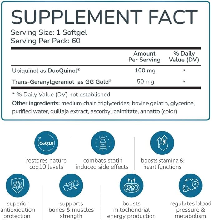 WELLNESS EXTRACT BioQuinol Ubiquinol (CoQ10) with Geranylgeraniol – Master Antioxidant for Heart Health, Cellular Energy 150mg 60 Softgels