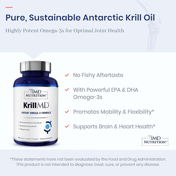 1MD Nutrition KrillMD - Antarctic Krill Oil Omega 3 Supplement with Astaxanthin, EPA, DHA | 2X More Effective Than Fish Oil | 60 Softgels