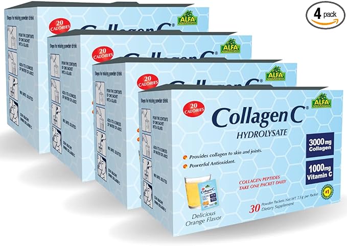 ALFA VITAMINS Collagen C Peptides Hydrolysate Powder Supplement, Vitamin C 1000mg, Gluten Free Hydrolyzed Collagen for Skin, Hair, Nails, Joint & Bone Support, Antioxidant, 30 Sachets per Box, 4 Pack