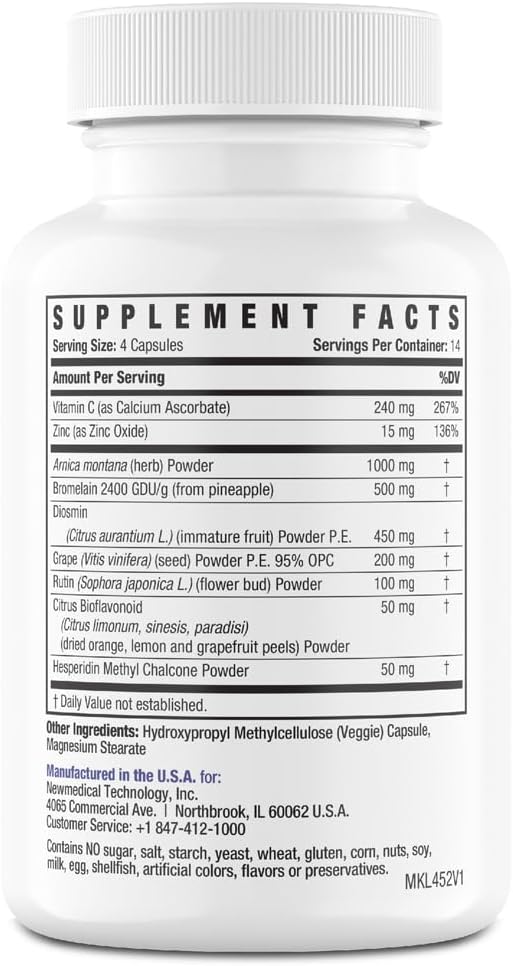 Bromelain 500mg 2,400GDU/g Supplement with Zinc and Vitamin C for Swelling, Inflammation, and Discoloration, Easy to Swallow Capsules (14-Day Supply) - Advanced Formula