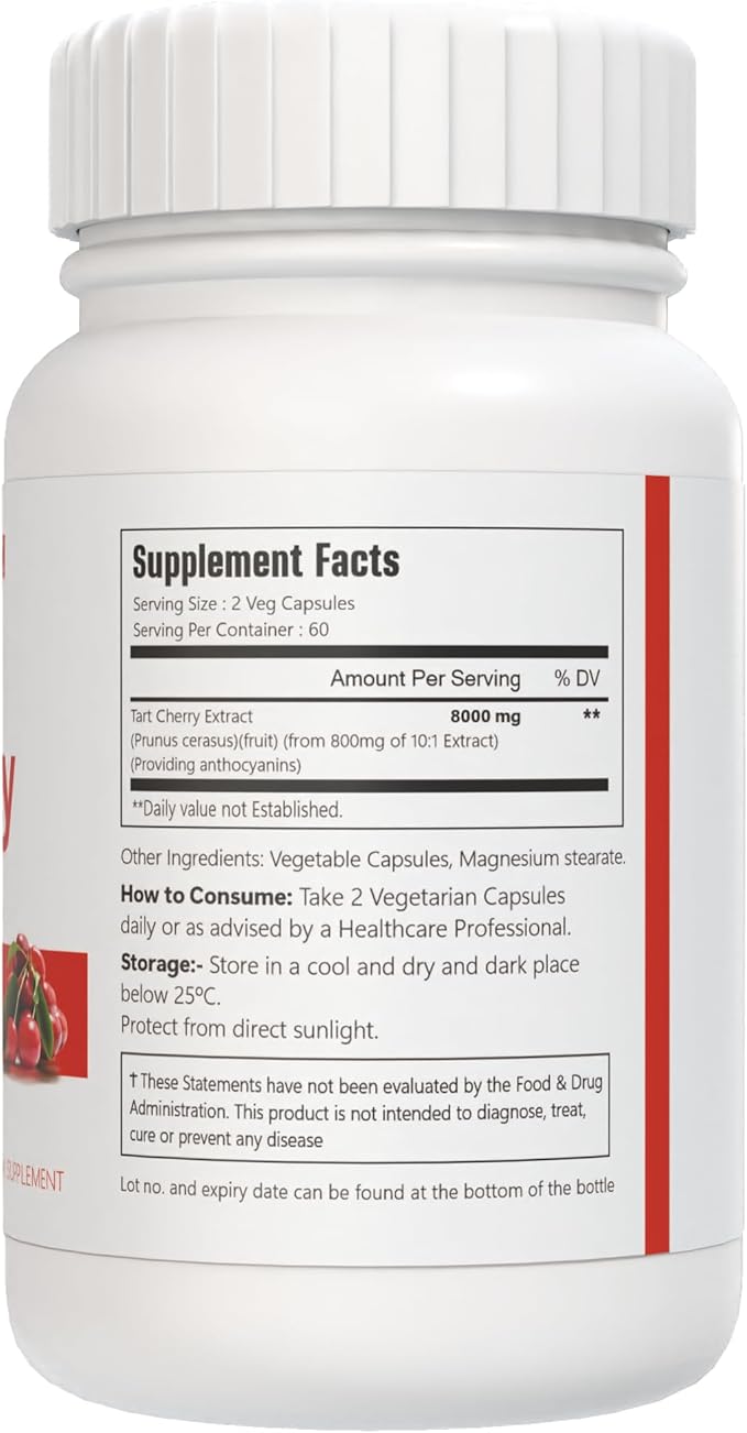 Tart Cherry Extract Supplement, 8000 mg, 120 Capsules, 60 Servings 100% Vegetarian, Non-GMO & Gluten Free