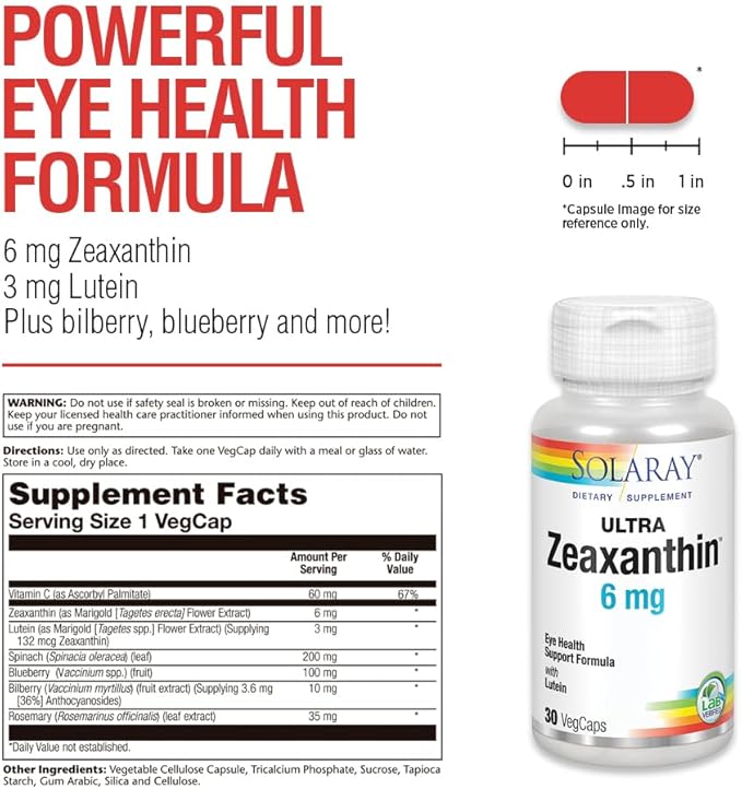 SOLARAY Zeaxanthin for Men & Women - Lutein and Zeaxanthin Supplement for Eyes, Vision & Macular Health Support Formula, Eye Vitamin Complex with Bilberry, Vitamin C, & Blueberry - 30 Veg Caps