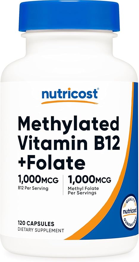 Nutricost Methylated Vitamin B12 + Folate Supplement (2,000 mcg) 120 Capsules - 1,000 mcg of Vitamin B12 + 1,000 mcg of Methyl Folate, Gluten-Free, 60 Servings