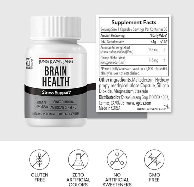 JUNG KWAN JANG Ginkgo Biloba Supplements with American Ginseng for Brain Health Formula, Memory Extra Strength, Focus Booster, Promote Cognitive Function - 30 Capsules for Men and Women