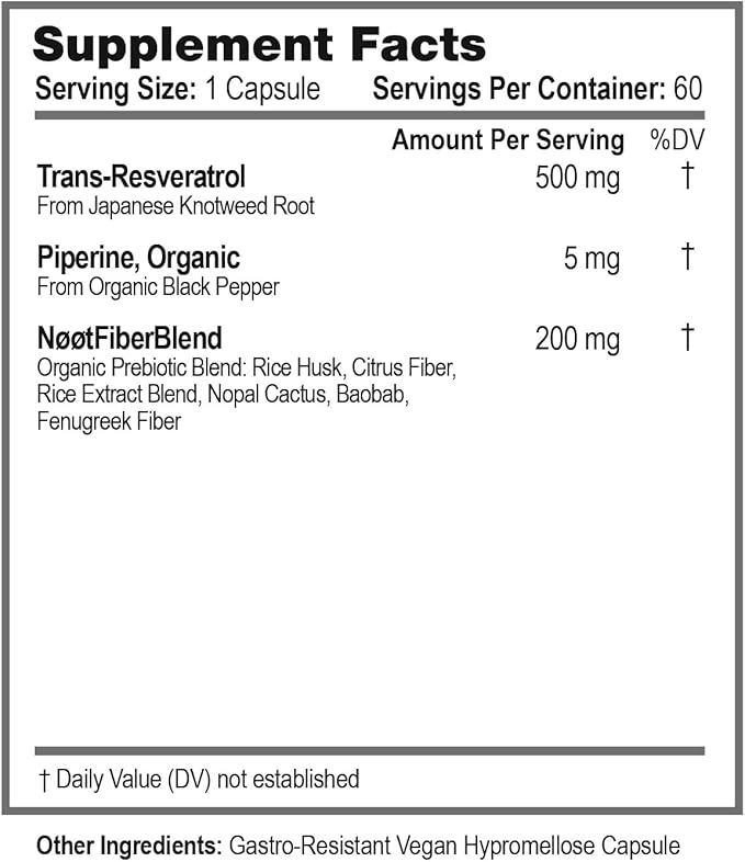 NOOT Trans Resveratrol Supplements 500mg High Purity Capsules for Longevity, Anti Aging, Brain & Heart Support, Cellular Health, Vegan Supplements & Antioxidants, Biohacking & Nootropics, 60 Capsules