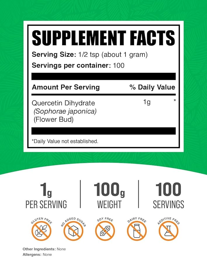 BulkSupplements.com Quercetin Dihydrate Powder - Quercetin Supplements, Antioxidants Source - Vegan & Gluten Free, 1g per Serving, 100g (3.5 oz) (Pack of 1)