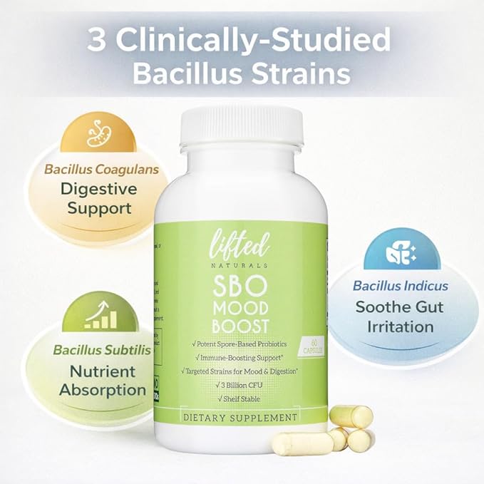 Lifted Naturals Spore Based Probiotic Probiotics - SBO Mood Boost - Spore/Soil-Based - Digestion & Natural Mood Support - Histamine-Free - 60 Day Supply, Non-GMO, Dairy-Free, Gluten-Free, Vegan