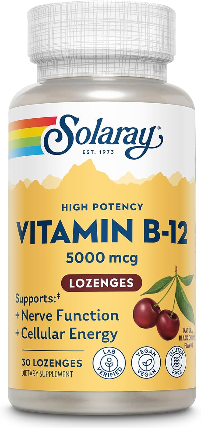 SOLARAY High Potency Vitamin B12 Lozenges 5000mcg - w/Methylcobalamin (Methyl B12), Nerve Function and Cellular Energy Support, Natural Black Cherry, Vegan, Gluten Free, 60-Day Guarantee, 30 Servings
